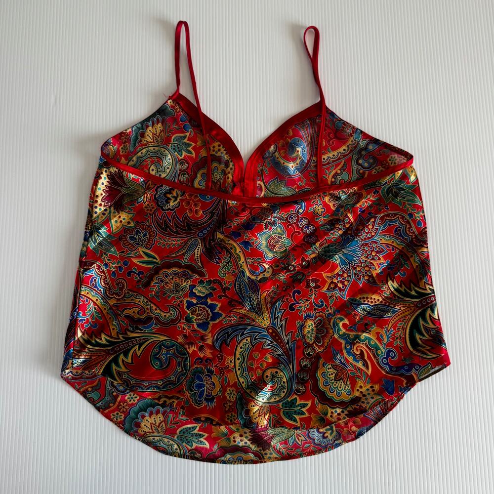 Vtg 90s Satin Paisley Cami Top Red Lingerie Coquette Boho Medium Festival Retro - Picture 14 of 16